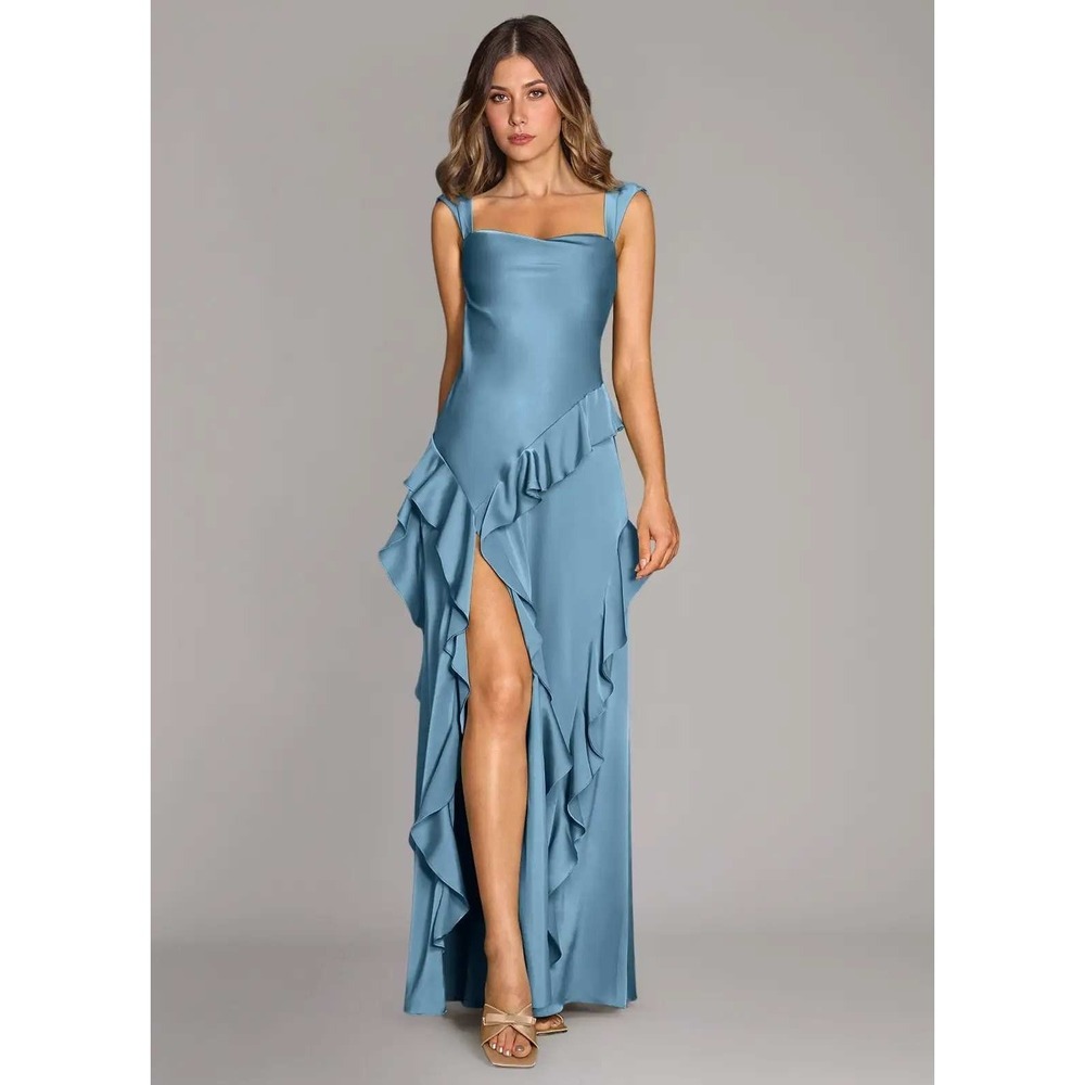 Azazie Sloane Steel Blue A-Line Stretch Satin Dress A4 New With Tags